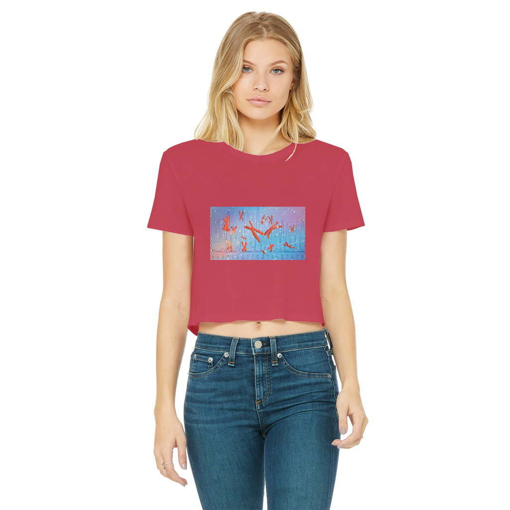 A stylish Chromosomes Classic Women's Cropped Raw Edge T-Shirt featuring a round neck, short sleeves, and a raw edge cut hem, made from soft Ringspun cotton.