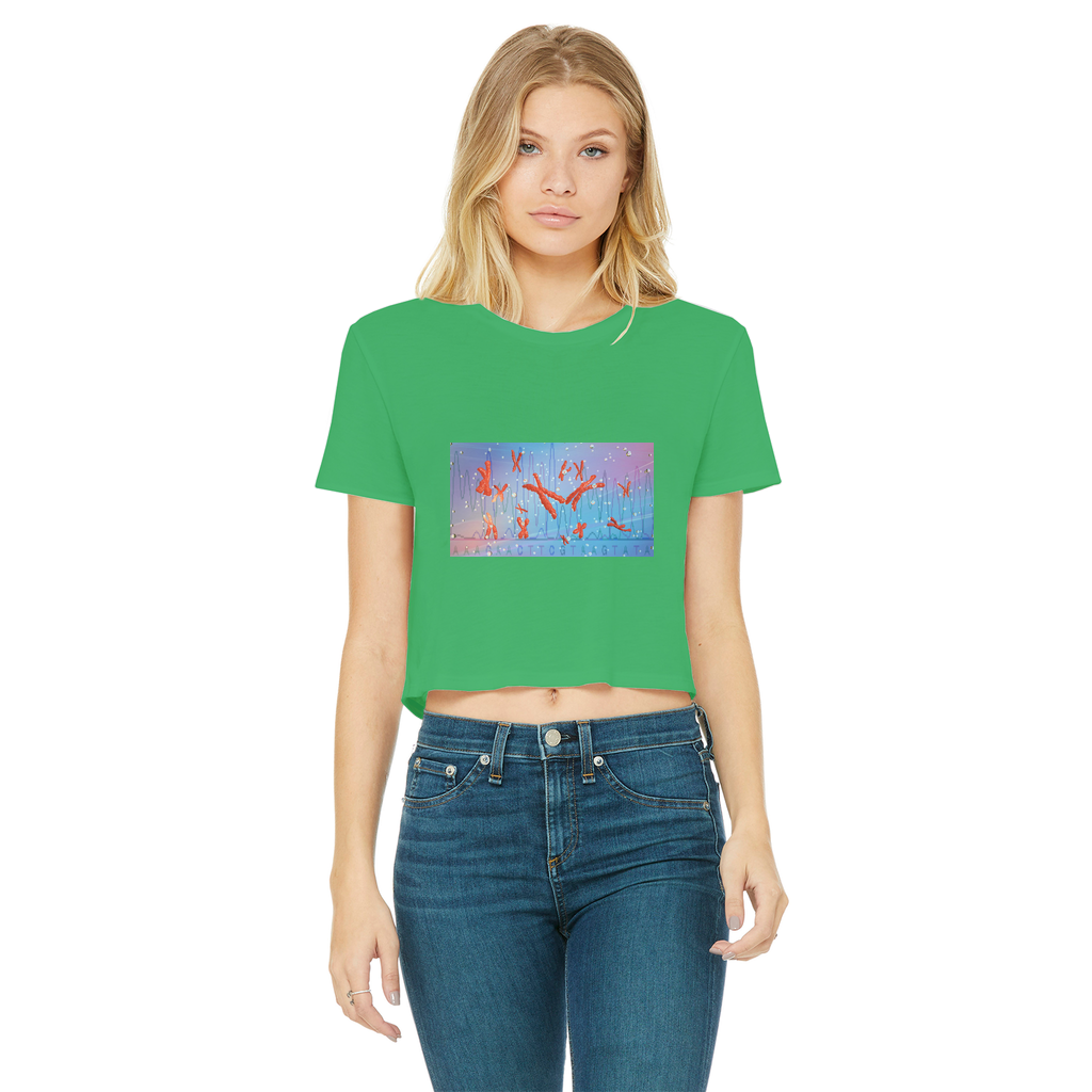 A stylish Chromosomes Classic Women's Cropped Raw Edge T-Shirt featuring a round neck, short sleeves, and a raw edge cut hem, made from soft Ringspun cotton.