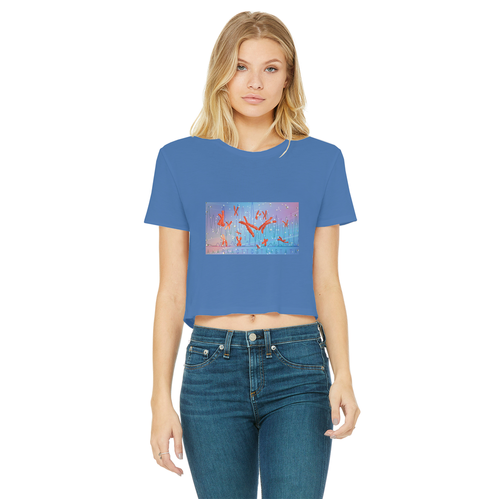 A stylish Chromosomes Classic Women's Cropped Raw Edge T-Shirt featuring a round neck, short sleeves, and a raw edge cut hem, made from soft Ringspun cotton.