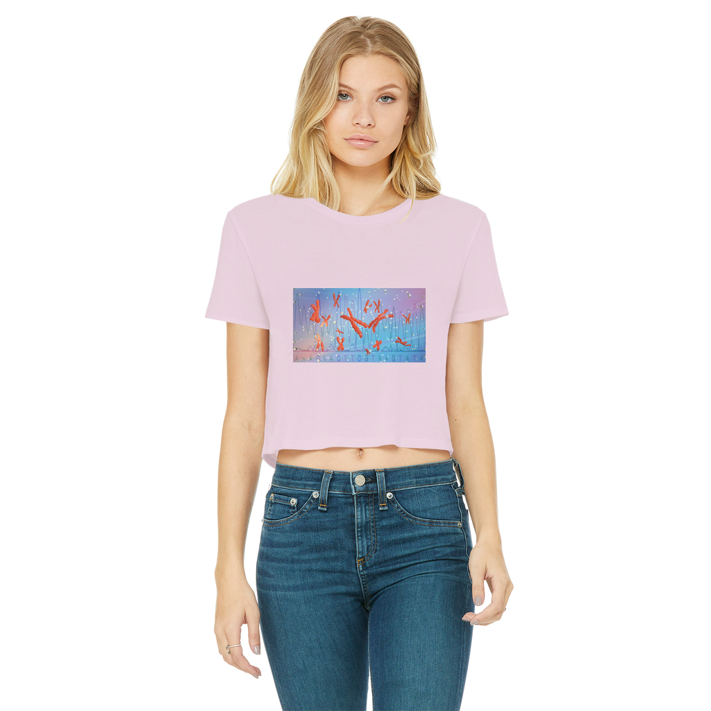 A stylish Chromosomes Classic Women's Cropped Raw Edge T-Shirt featuring a round neck, short sleeves, and a raw edge cut hem, made from soft Ringspun cotton.