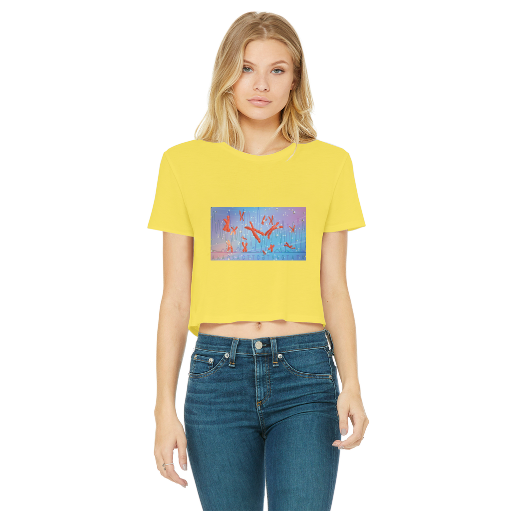 A stylish Chromosomes Classic Women's Cropped Raw Edge T-Shirt featuring a round neck, short sleeves, and a raw edge cut hem, made from soft Ringspun cotton.