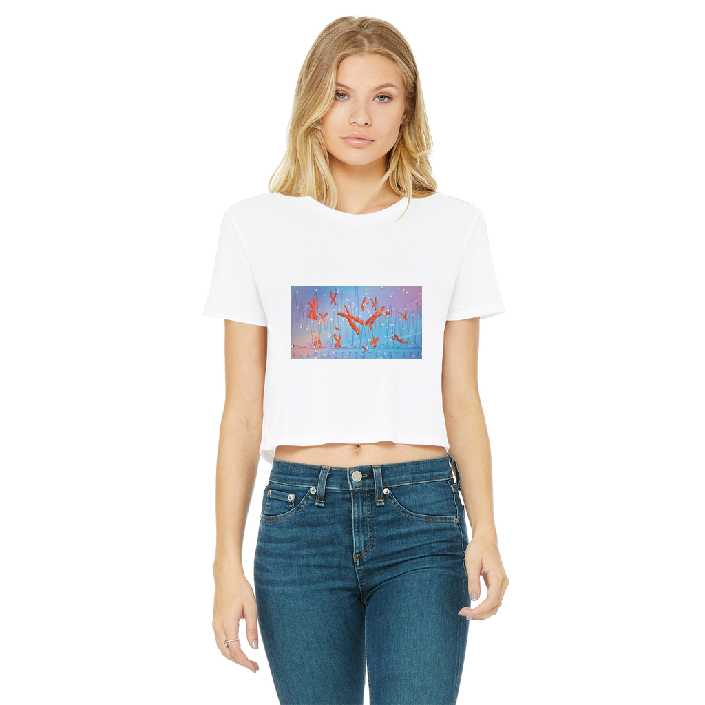 A stylish Chromosomes Classic Women's Cropped Raw Edge T-Shirt featuring a round neck, short sleeves, and a raw edge cut hem, made from soft Ringspun cotton.