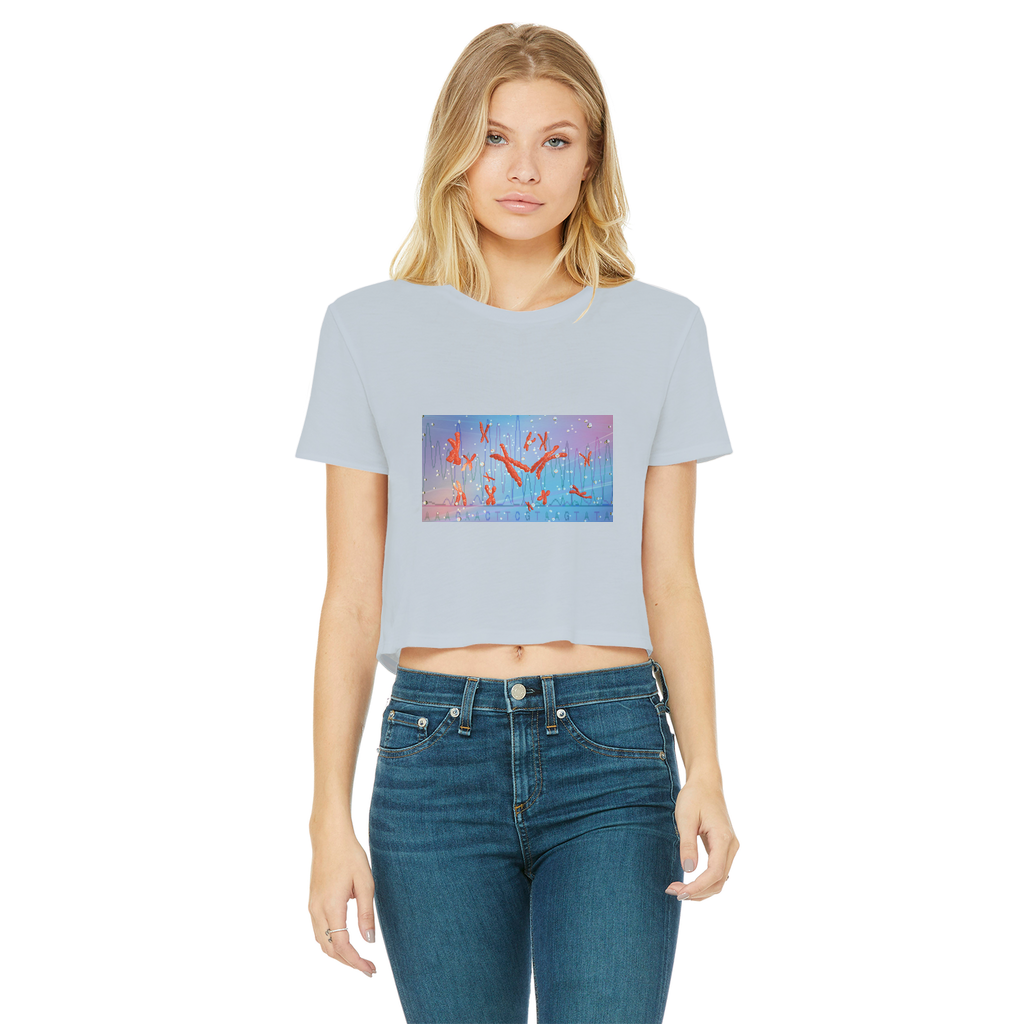 A stylish Chromosomes Classic Women's Cropped Raw Edge T-Shirt featuring a round neck, short sleeves, and a raw edge cut hem, made from soft Ringspun cotton.