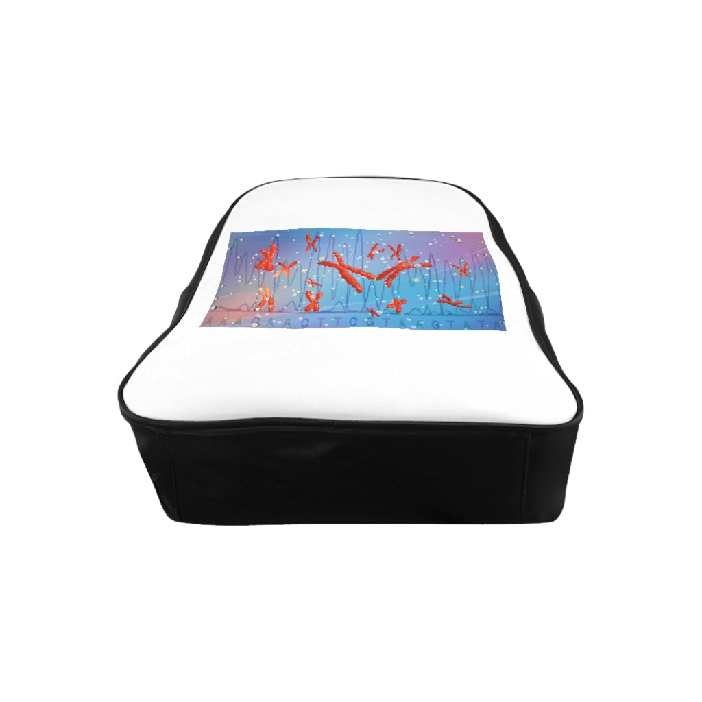 Stylish Chromosomes School Backpack made of PU leather with chocolate brown lining and padded back for comfort.