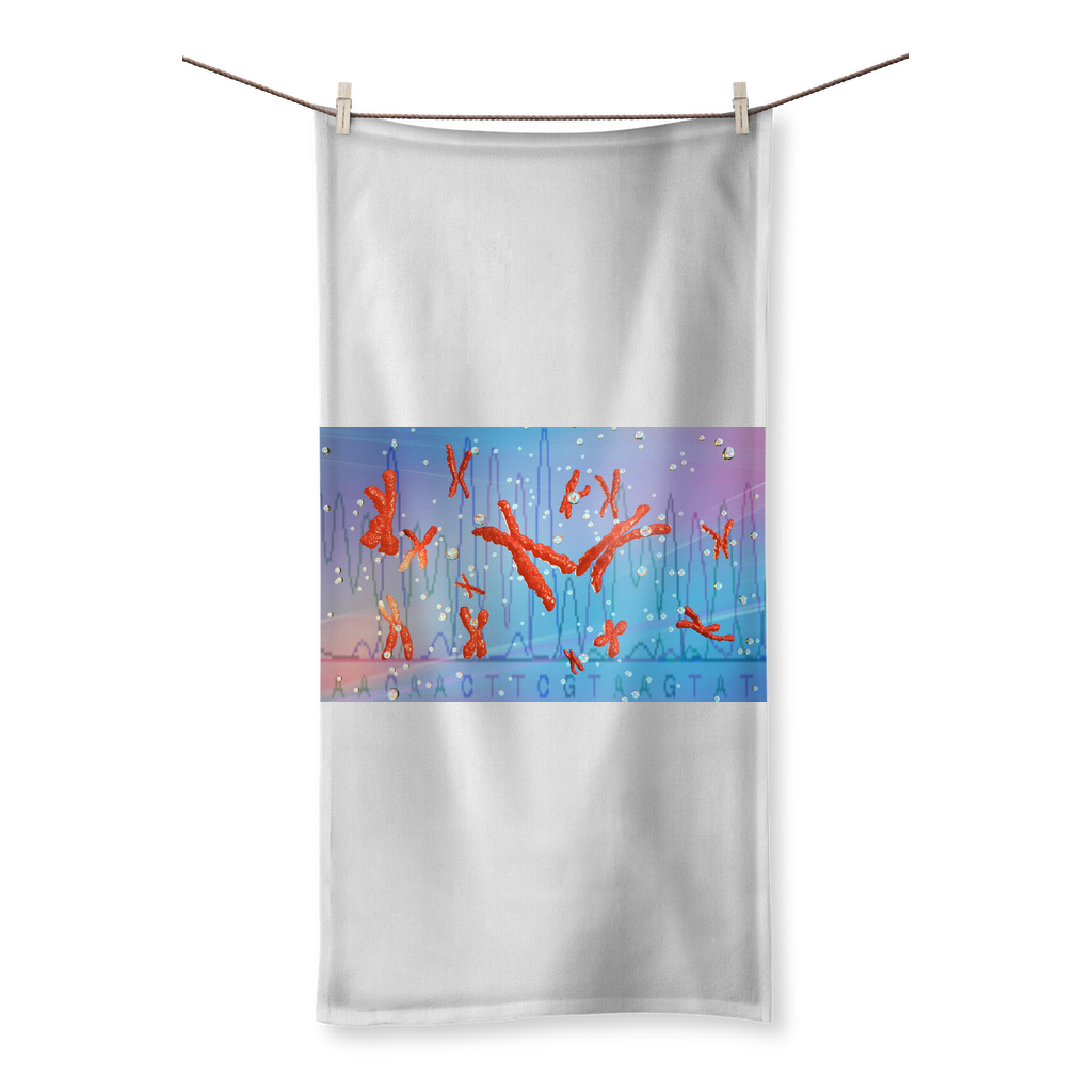 Chromosomes Sublimation All Over Towel featuring vibrant prints on one side and soft cotton backing on the other, available in various sizes.