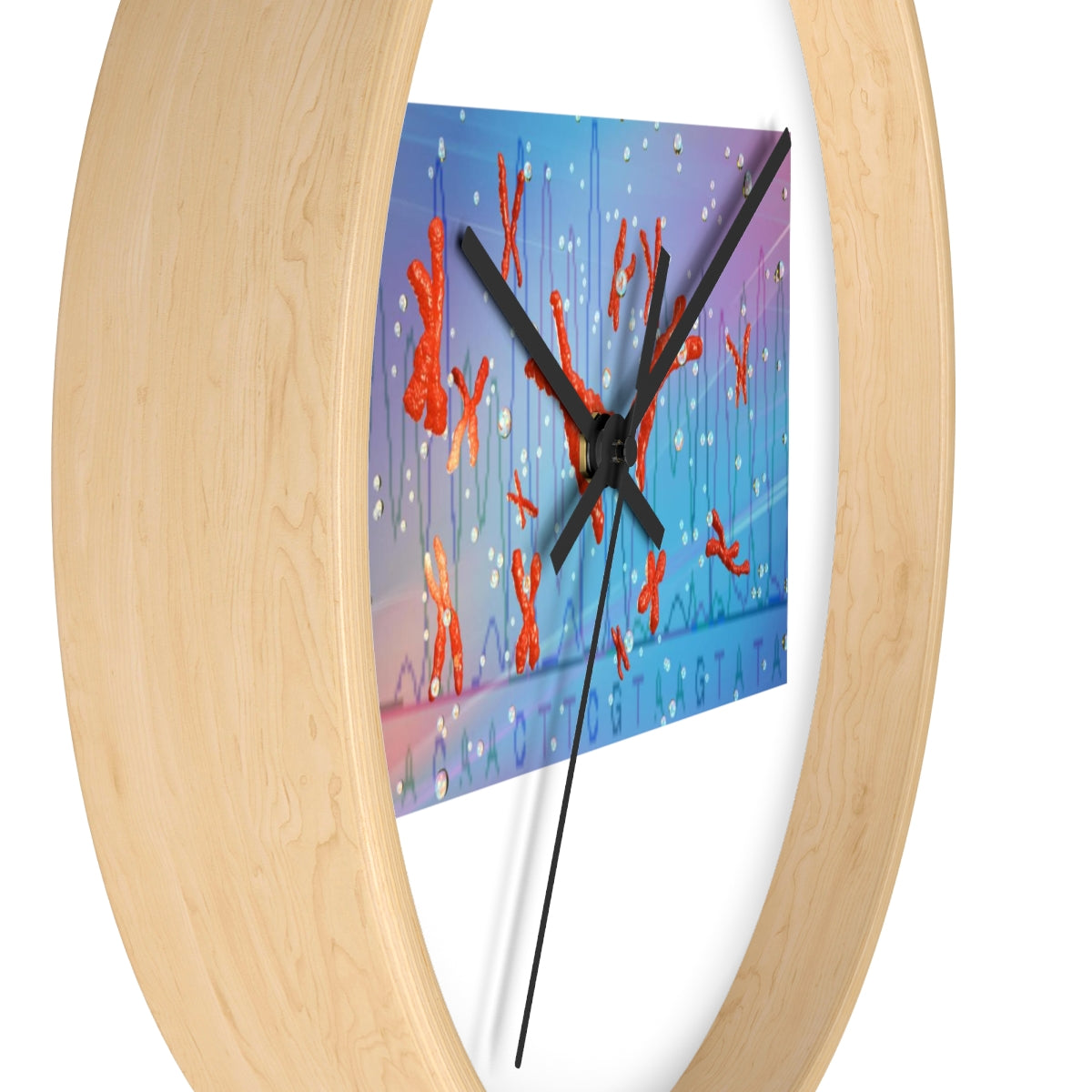 A stylish Chromosomes Wall Clock featuring a unique design with a wooden frame and plexiglass face, perfect for indoor decor.