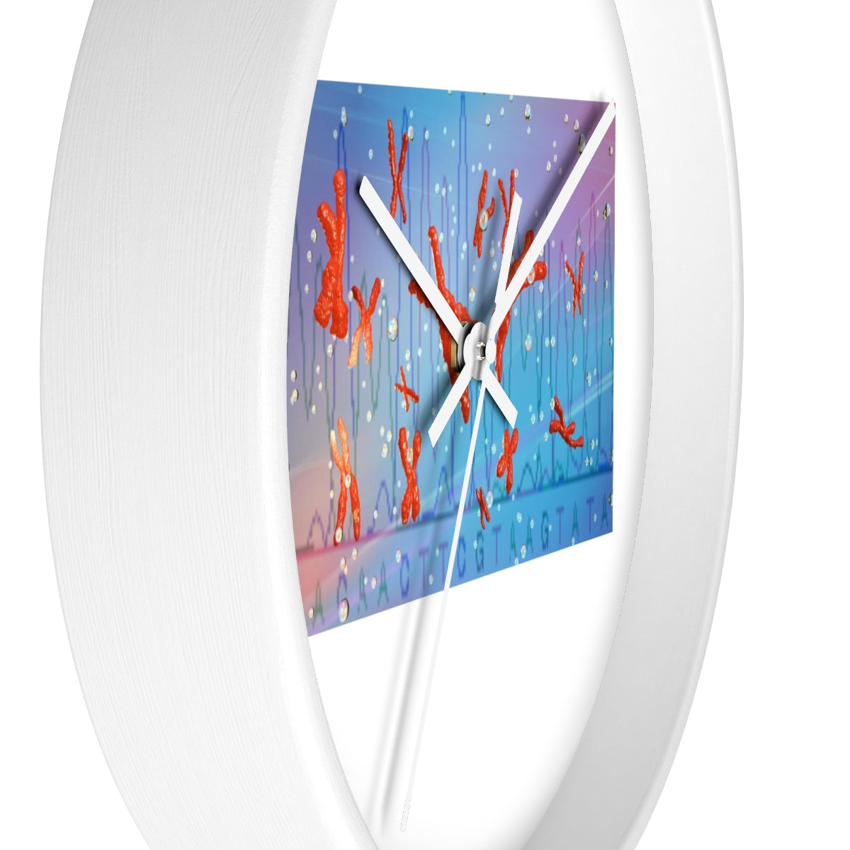 A stylish Chromosomes Wall Clock featuring a unique design with a wooden frame and plexiglass face, perfect for indoor decor.