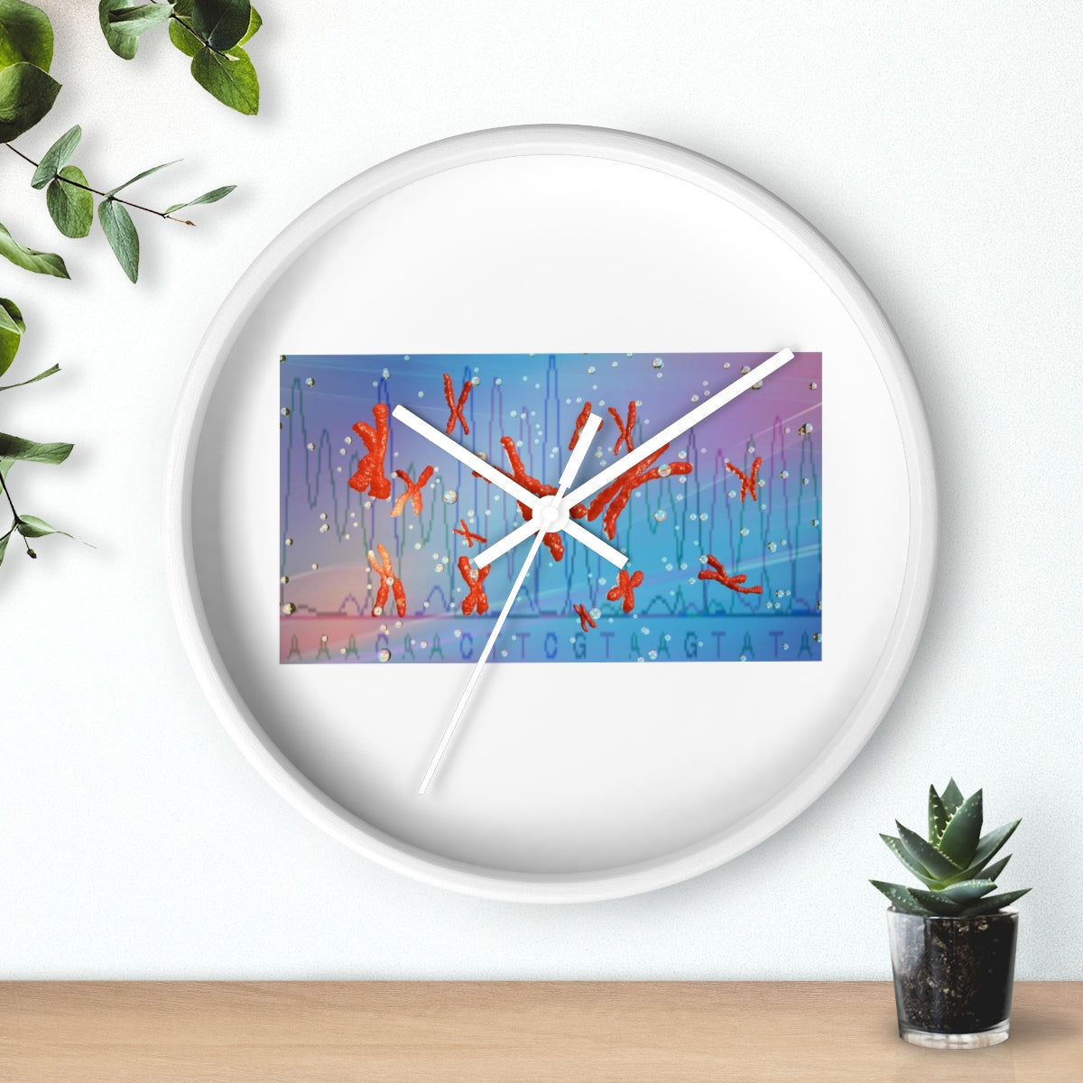 A stylish Chromosomes Wall Clock featuring a unique design with a wooden frame and plexiglass face, perfect for indoor decor.