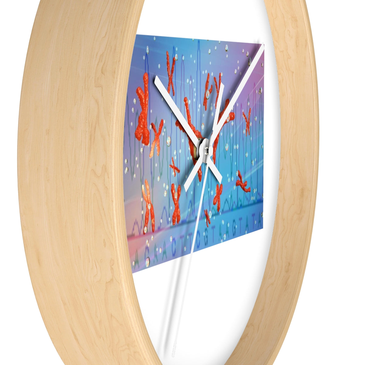 A stylish Chromosomes Wall Clock featuring a unique design with a wooden frame and plexiglass face, perfect for indoor decor.