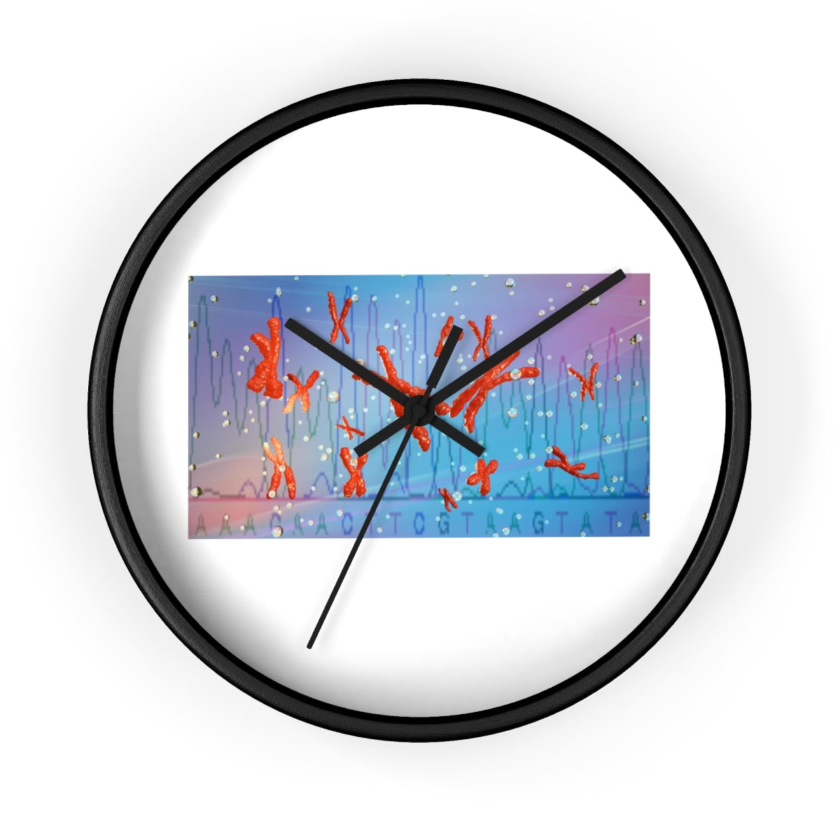 A stylish Chromosomes Wall Clock featuring a unique design with a wooden frame and plexiglass face, perfect for indoor decor.