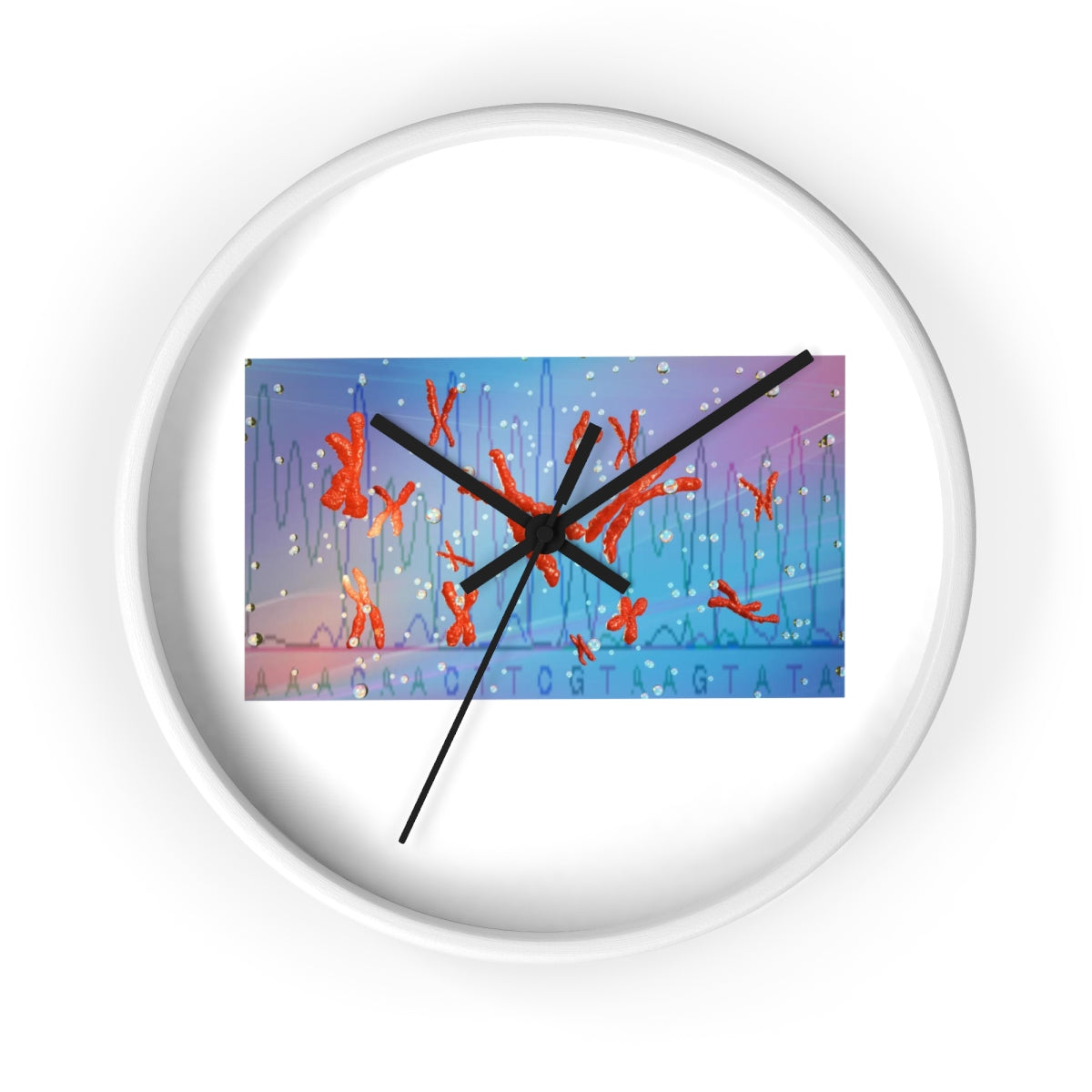 A stylish Chromosomes Wall Clock featuring a unique design with a wooden frame and plexiglass face, perfect for indoor decor.