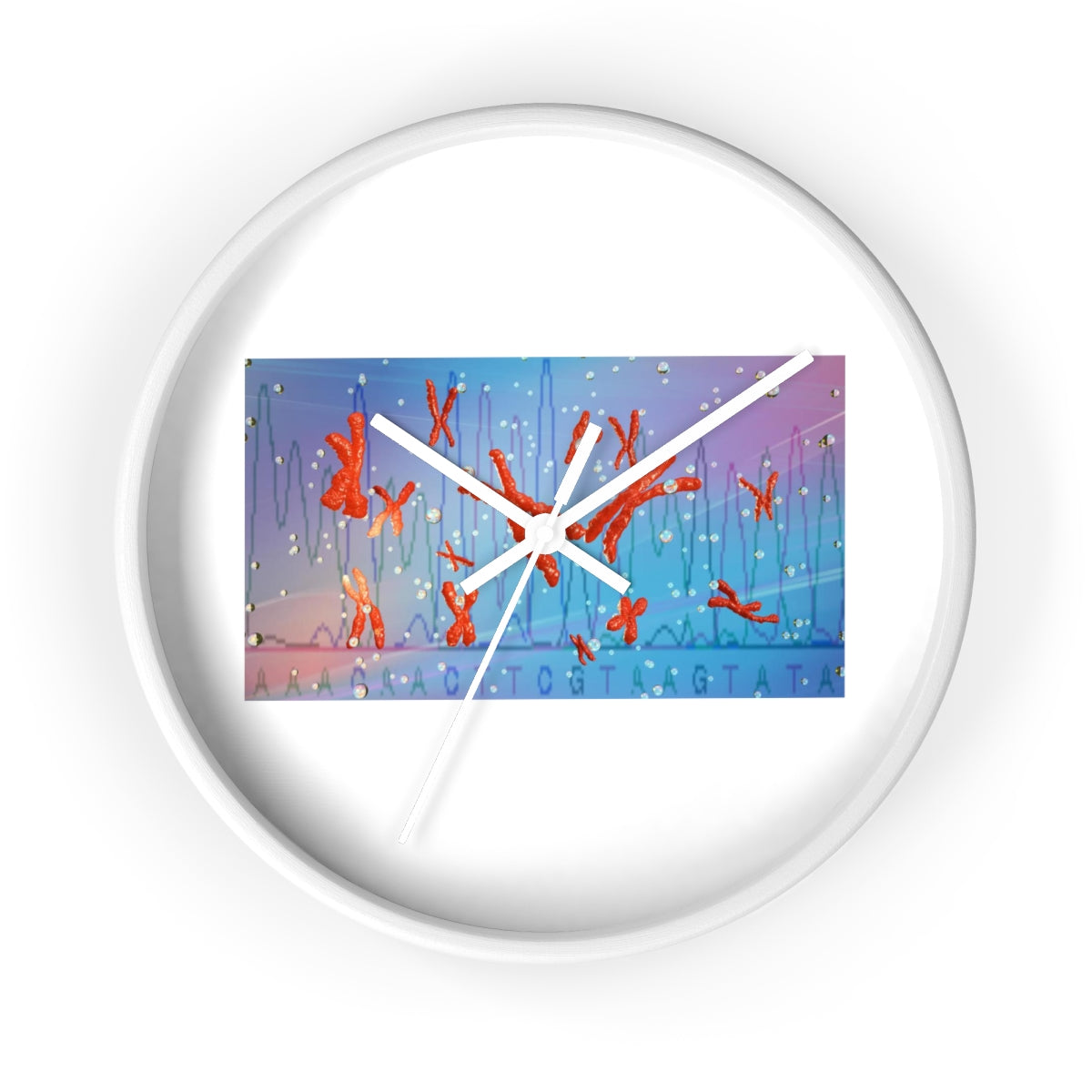 A stylish Chromosomes Wall Clock featuring a unique design with a wooden frame and plexiglass face, perfect for indoor decor.