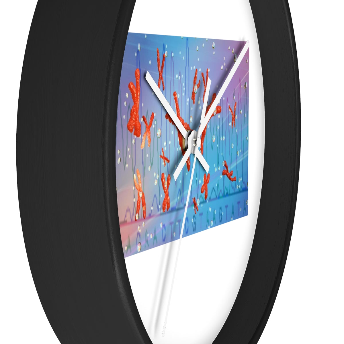 A stylish Chromosomes Wall Clock featuring a unique design with a wooden frame and plexiglass face, perfect for indoor decor.