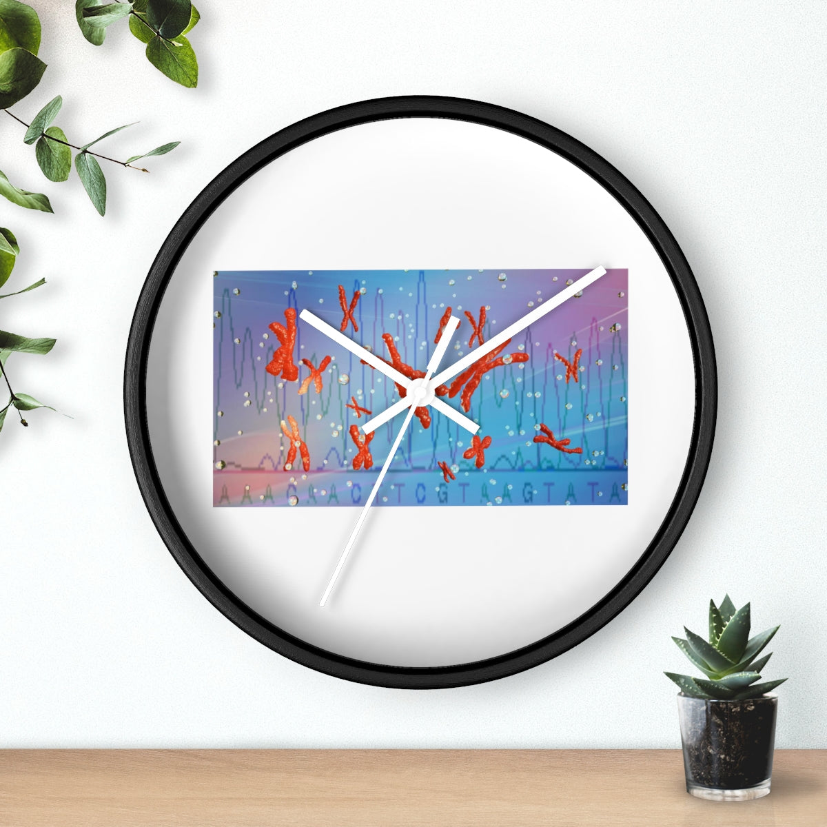 A stylish Chromosomes Wall Clock featuring a unique design with a wooden frame and plexiglass face, perfect for indoor decor.