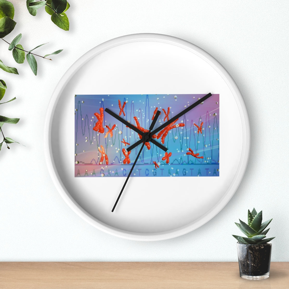A stylish Chromosomes Wall Clock featuring a unique design with a wooden frame and plexiglass face, perfect for indoor decor.