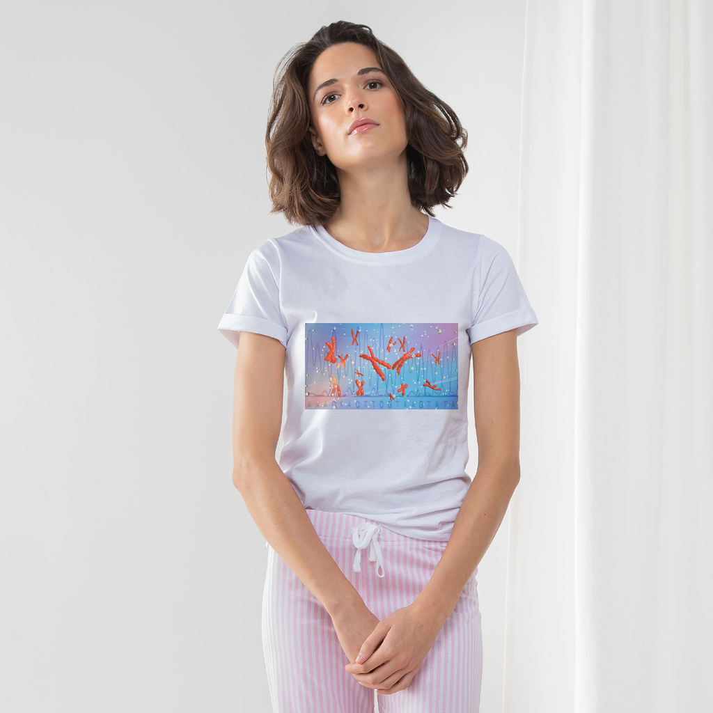 Chromosomes Women's Long Pant Pyjama Set featuring a white t-shirt, striped pants, and matching drawcord bag in heather grey and light pink.