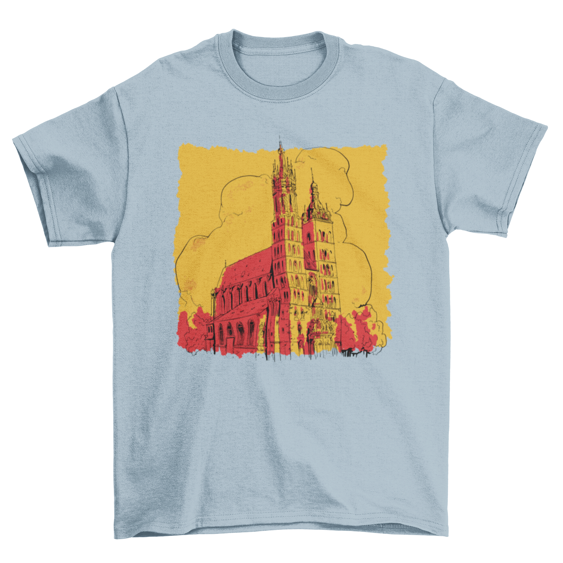 A stylish t-shirt featuring a detailed landscape of a church building, showcasing its unique design.