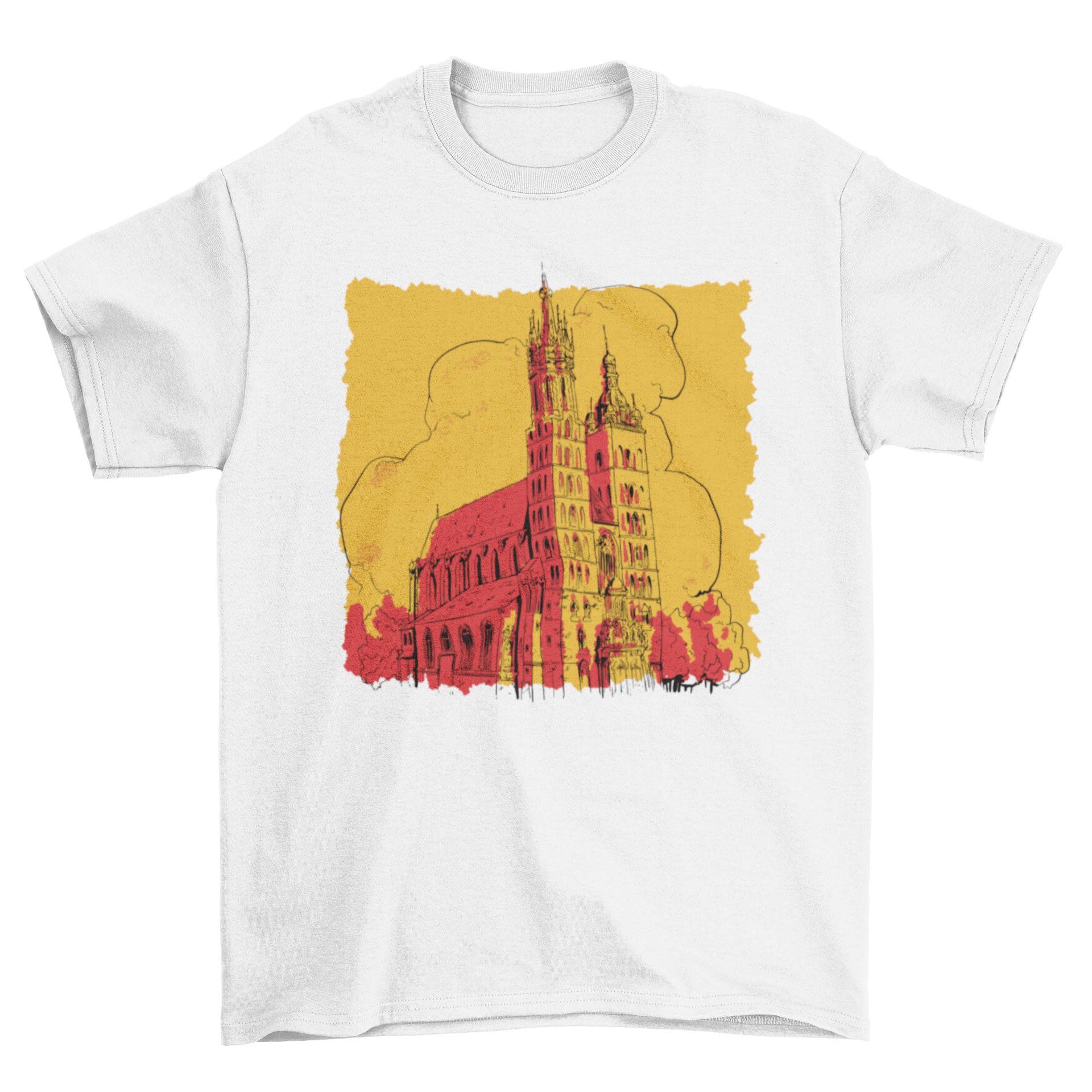 A stylish t-shirt featuring a detailed landscape of a church building, showcasing its unique design.