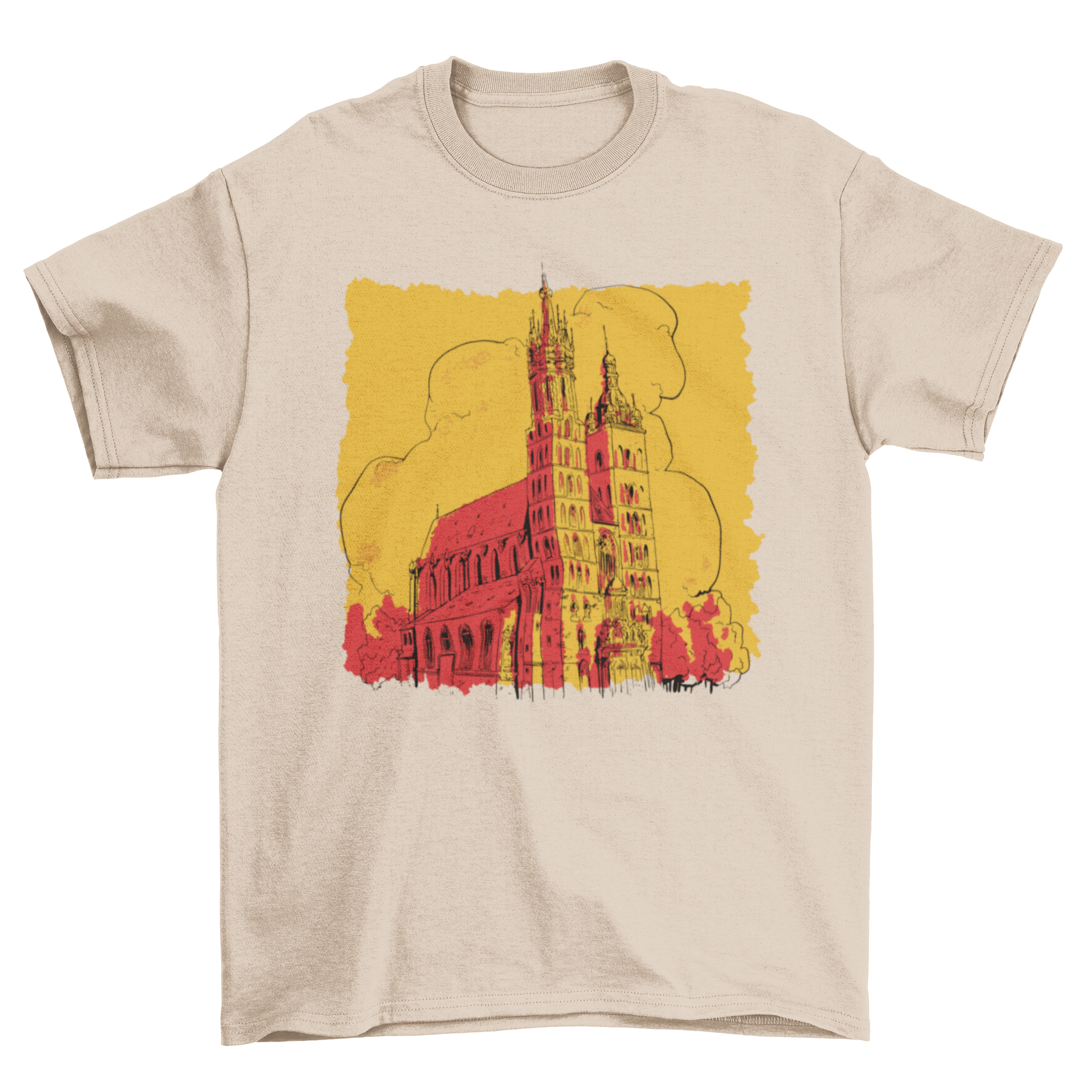 A stylish t-shirt featuring a detailed landscape of a church building, showcasing its unique design.