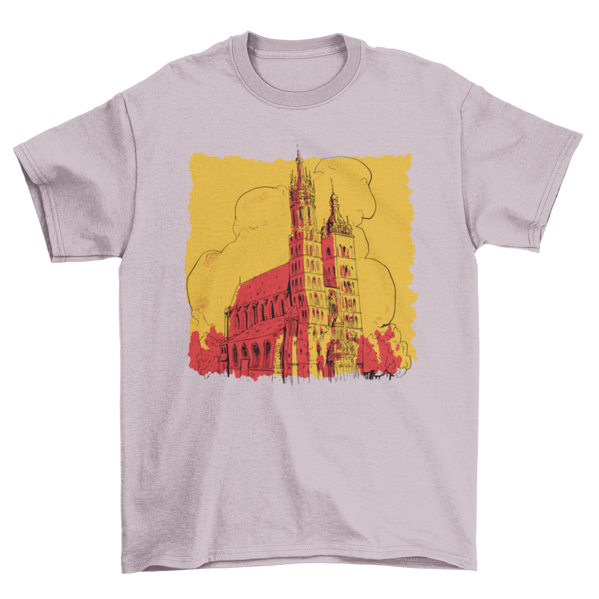 A stylish t-shirt featuring a detailed landscape of a church building, showcasing its unique design.