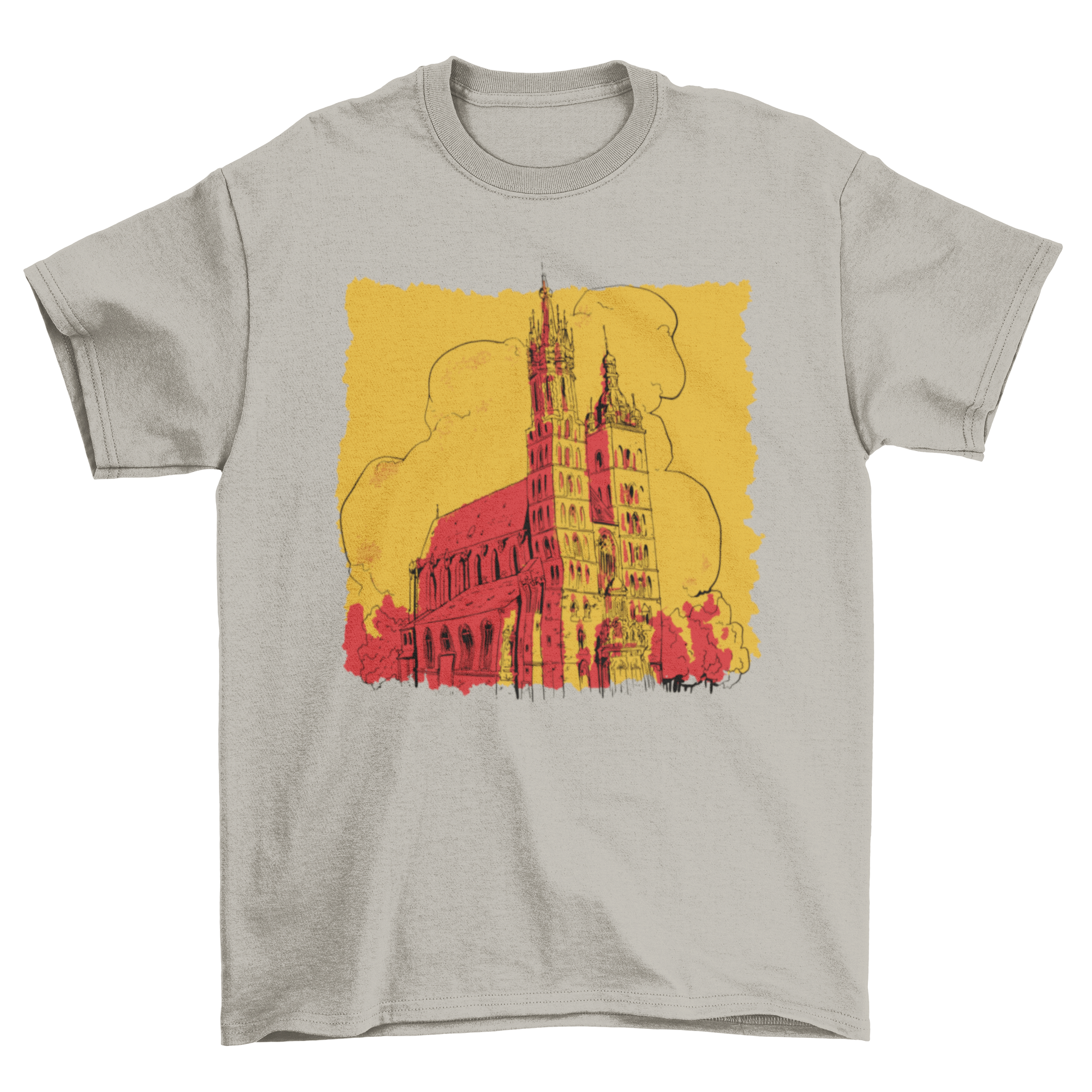 A stylish t-shirt featuring a detailed landscape of a church building, showcasing its unique design.
