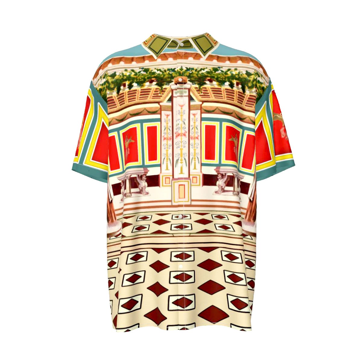 Cici's Campy Courtyard luxurious short-sleeved button shirt with light-reflecting sheen, crafted from soft fabric.