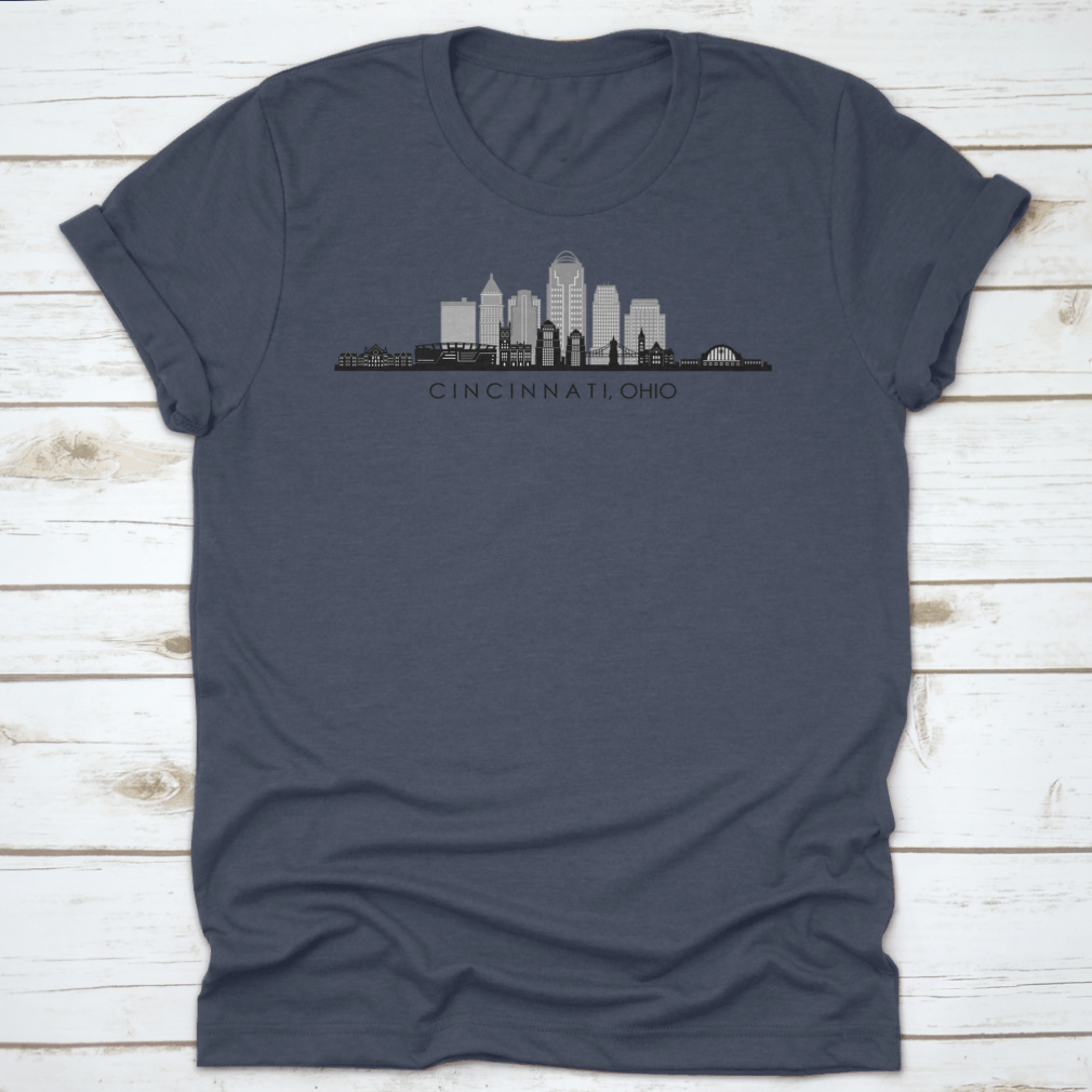 A modern t-shirt featuring the skyline silhouette of Cincinnati, Ohio, showcasing iconic buildings in a stylish design.