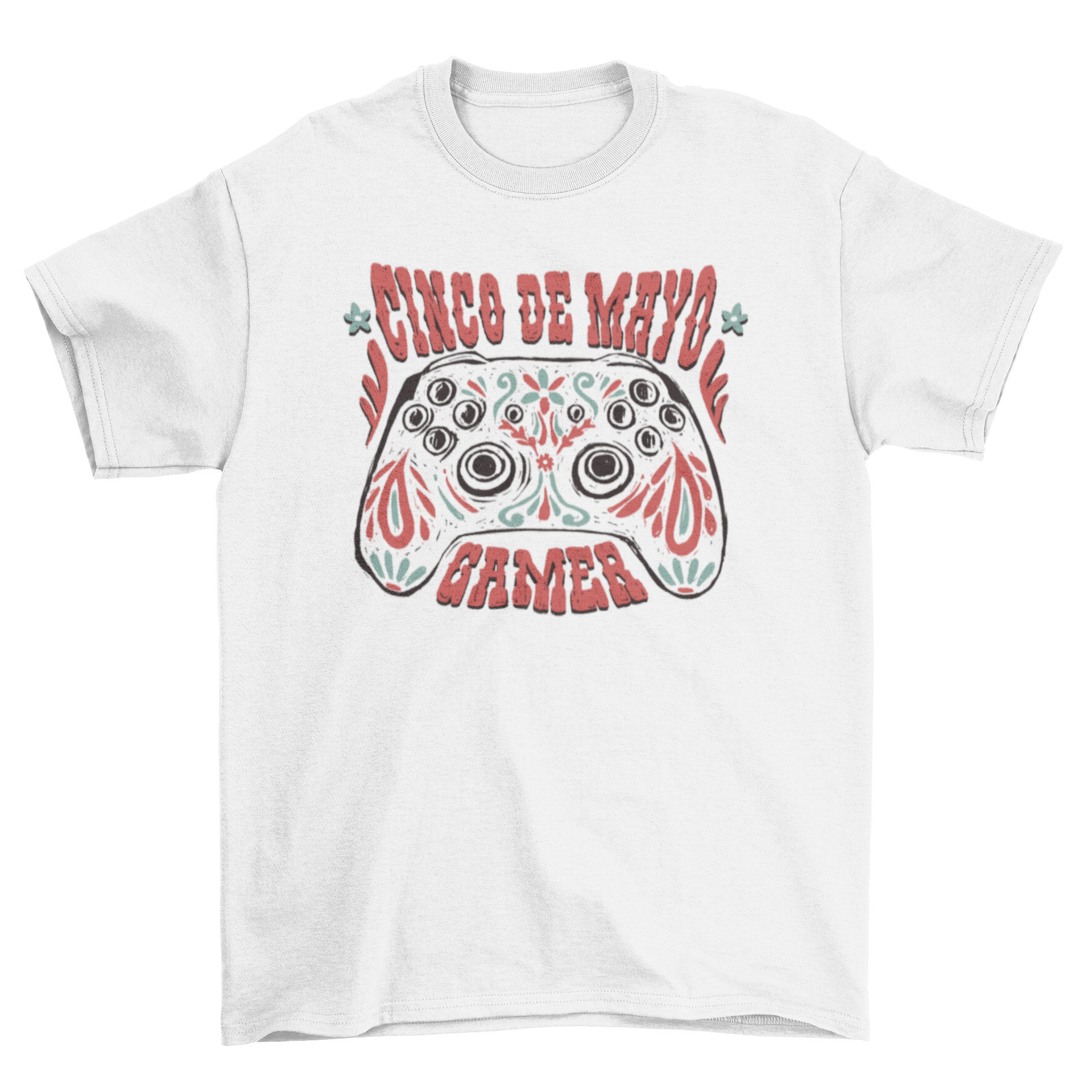 Cinco de Mayo-themed t-shirt featuring a colorful gaming controller design.