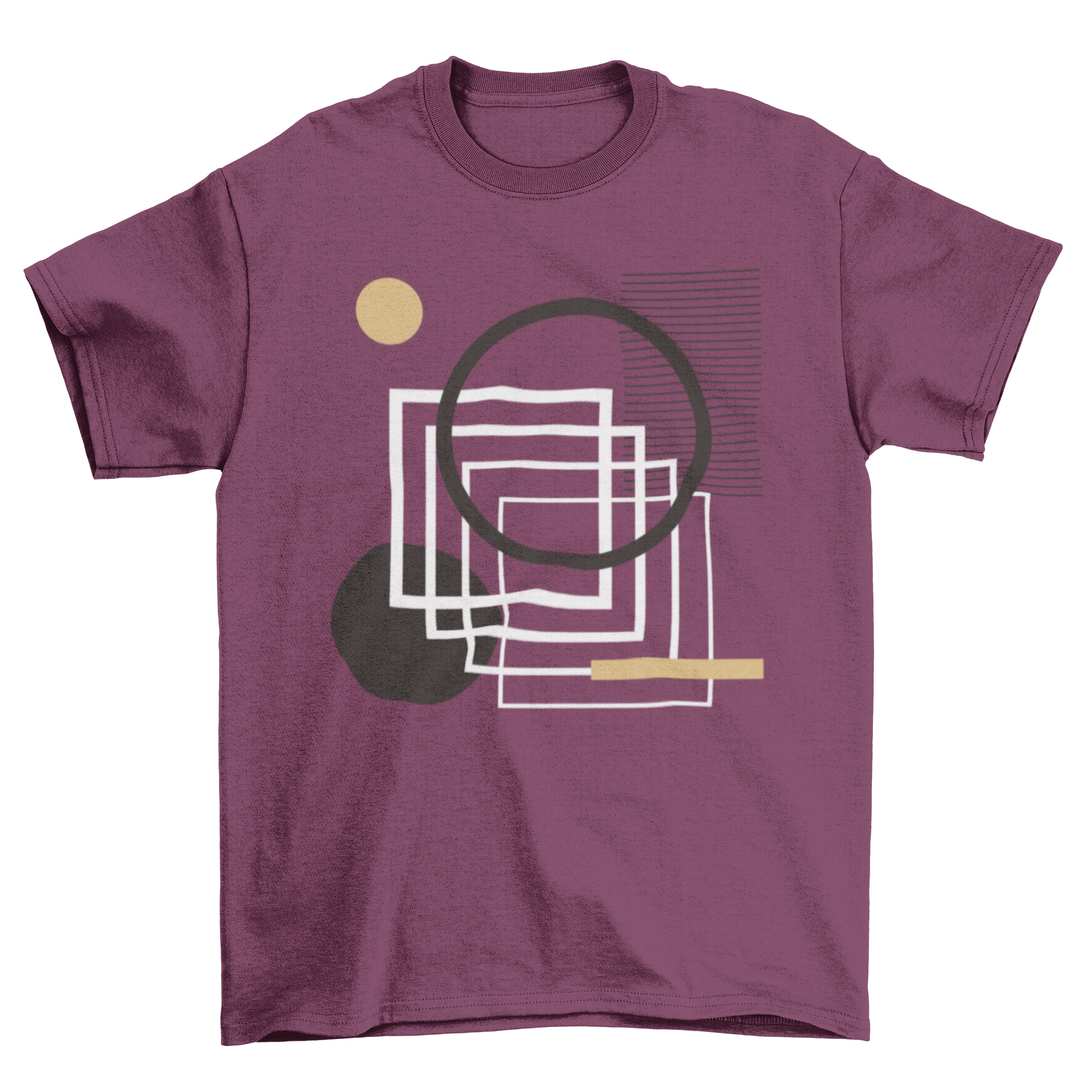 Circles and squares t-shirt featuring an abstract geometric design in black, white, and light brown colors.