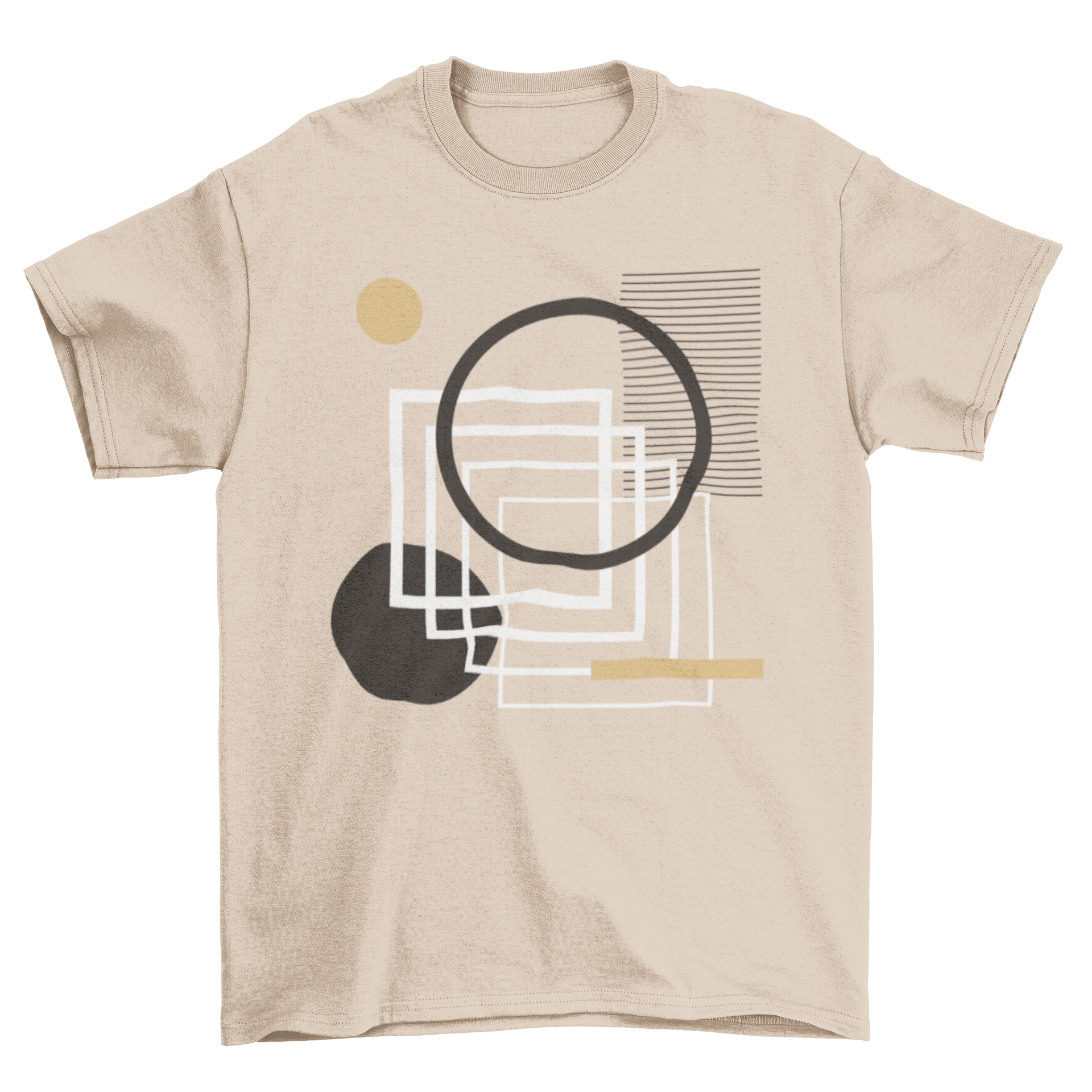 Circles and squares t-shirt featuring an abstract geometric design in black, white, and light brown colors.