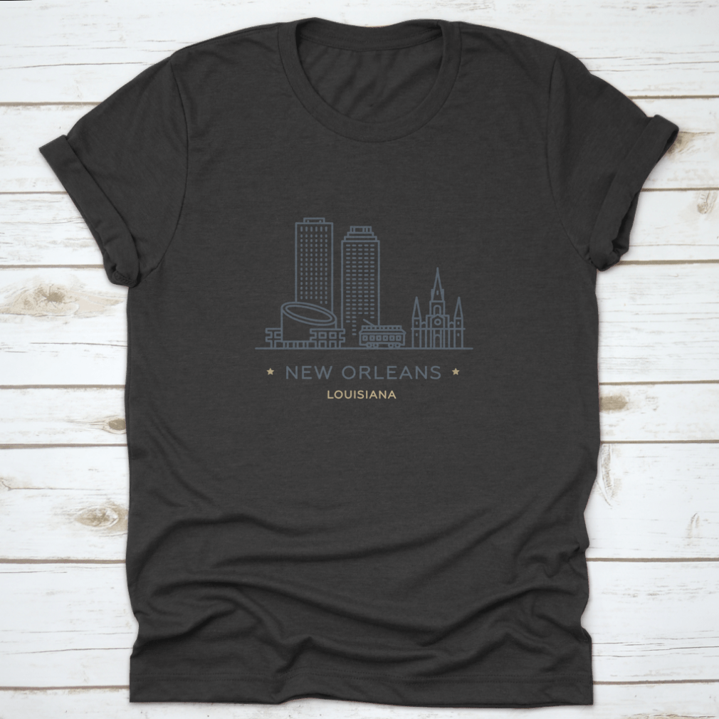 A stylish t-shirt featuring a line icon of New Orleans, showcasing its famous landmarks and vibrant culture, made from 100% cotton.