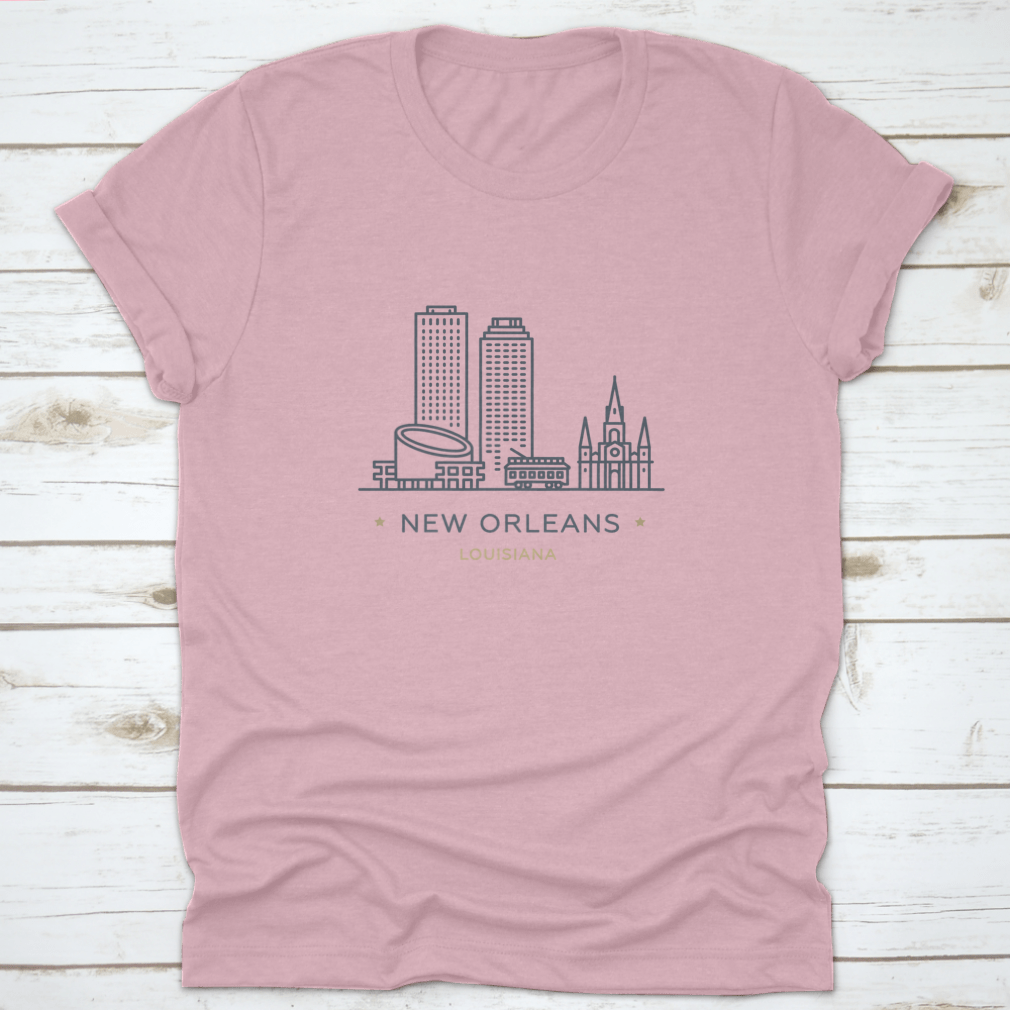 A stylish t-shirt featuring a line icon of New Orleans, showcasing its famous landmarks and vibrant culture, made from 100% cotton.