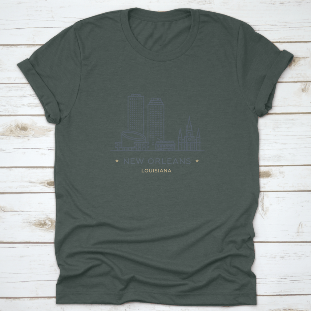 A stylish t-shirt featuring a line icon of New Orleans, showcasing its famous landmarks and vibrant culture, made from 100% cotton.