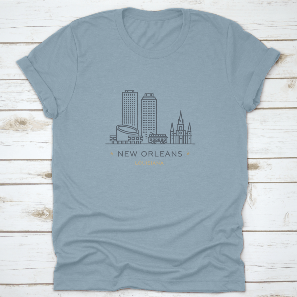 A stylish t-shirt featuring a line icon of New Orleans, showcasing its famous landmarks and vibrant culture, made from 100% cotton.