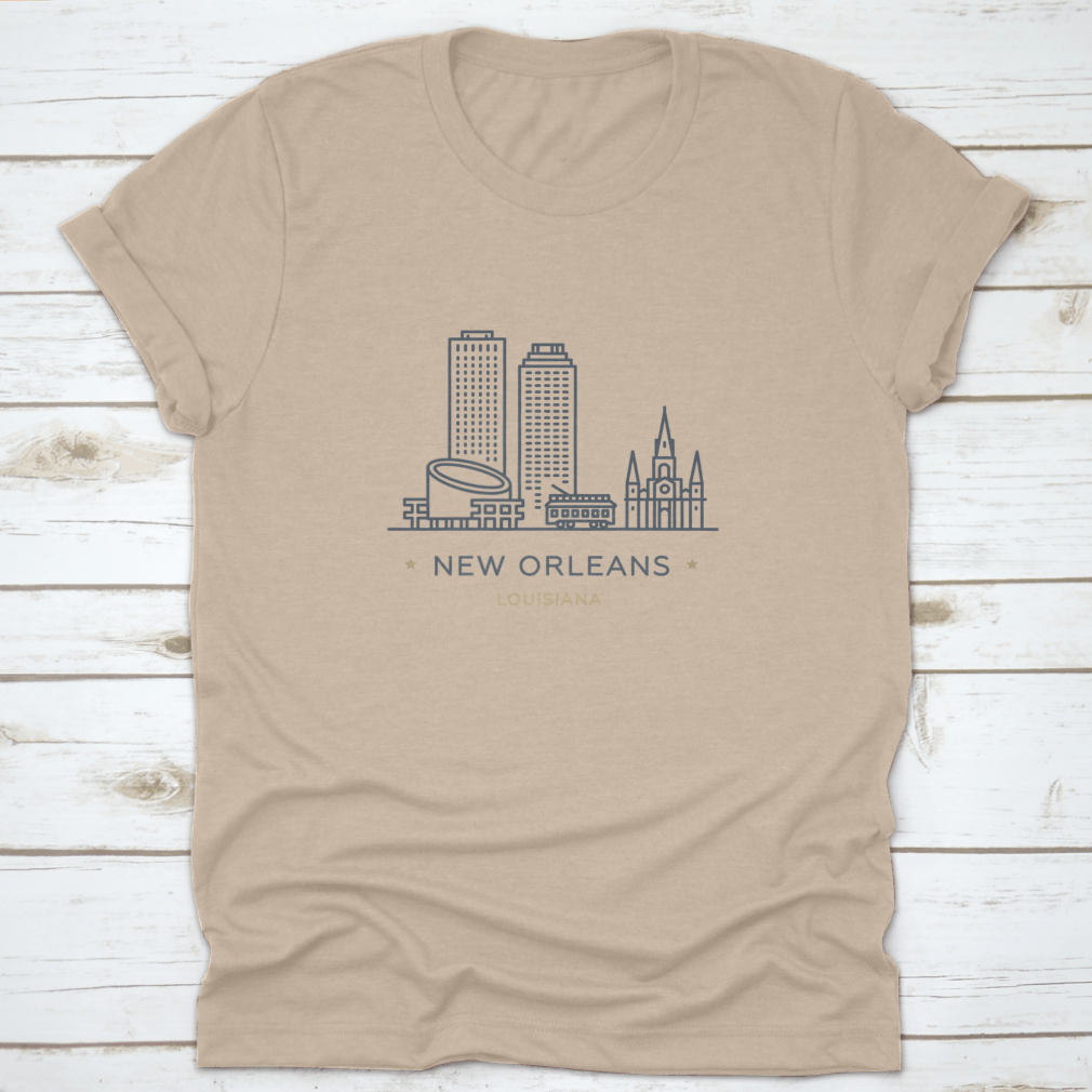 A stylish t-shirt featuring a line icon of New Orleans, showcasing its famous landmarks and vibrant culture, made from 100% cotton.