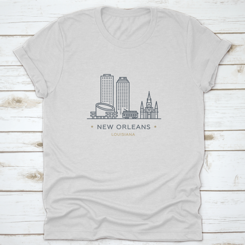 A stylish t-shirt featuring a line icon of New Orleans, showcasing its famous landmarks and vibrant culture, made from 100% cotton.
