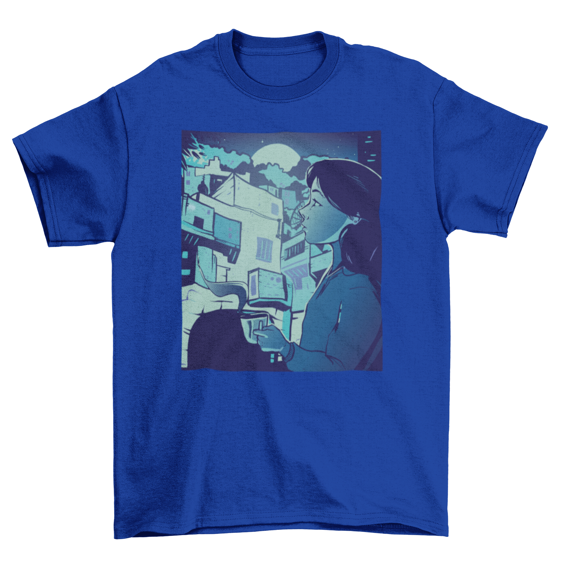 A stylish t-shirt featuring a girl overlooking a city skyline at night, holding a warm drink.