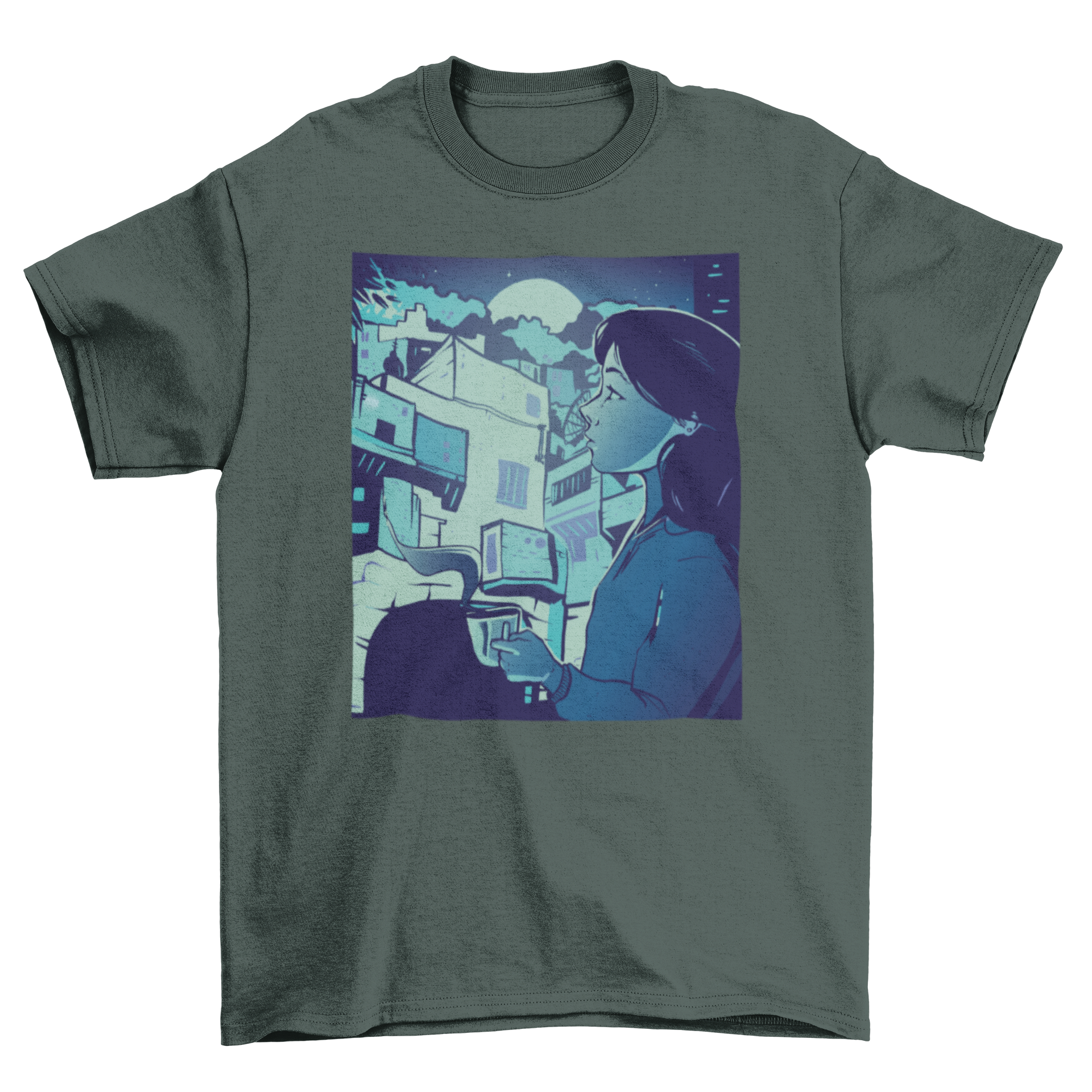 A stylish t-shirt featuring a girl overlooking a city skyline at night, holding a warm drink.