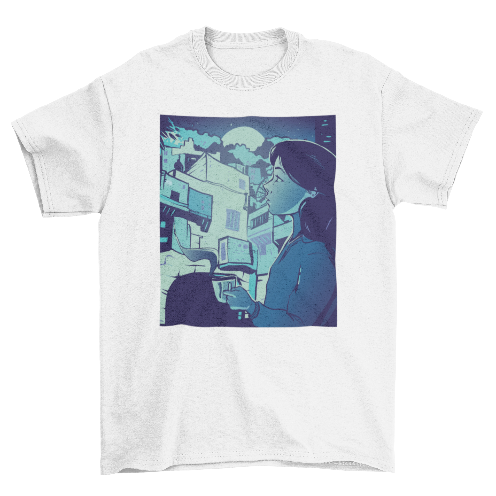 A stylish t-shirt featuring a girl overlooking a city skyline at night, holding a warm drink.