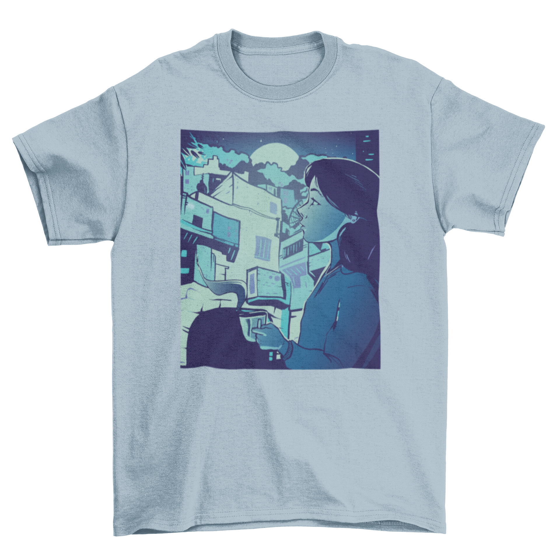 A stylish t-shirt featuring a girl overlooking a city skyline at night, holding a warm drink.