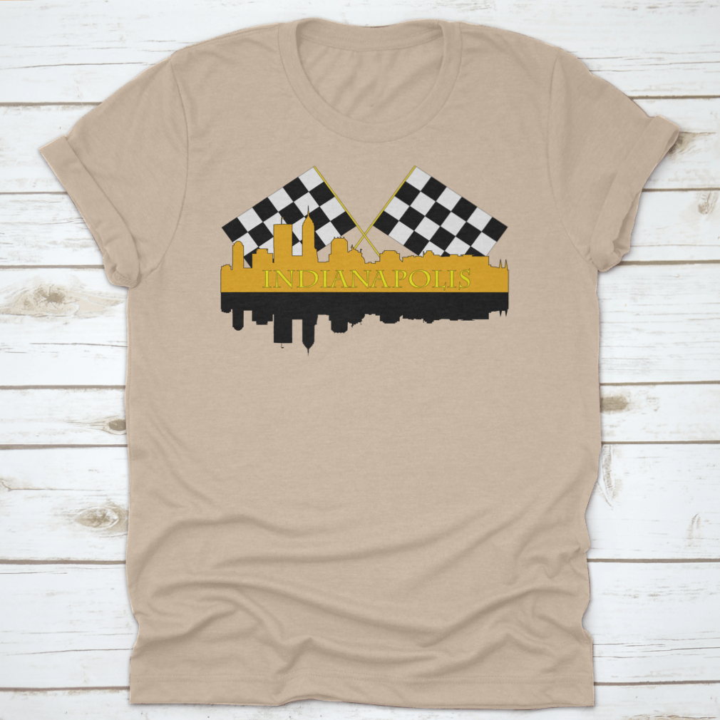 A stylish t-shirt featuring the Indianapolis skyline with high-rise buildings and a racing finish, showcasing the city's vibrant architecture.