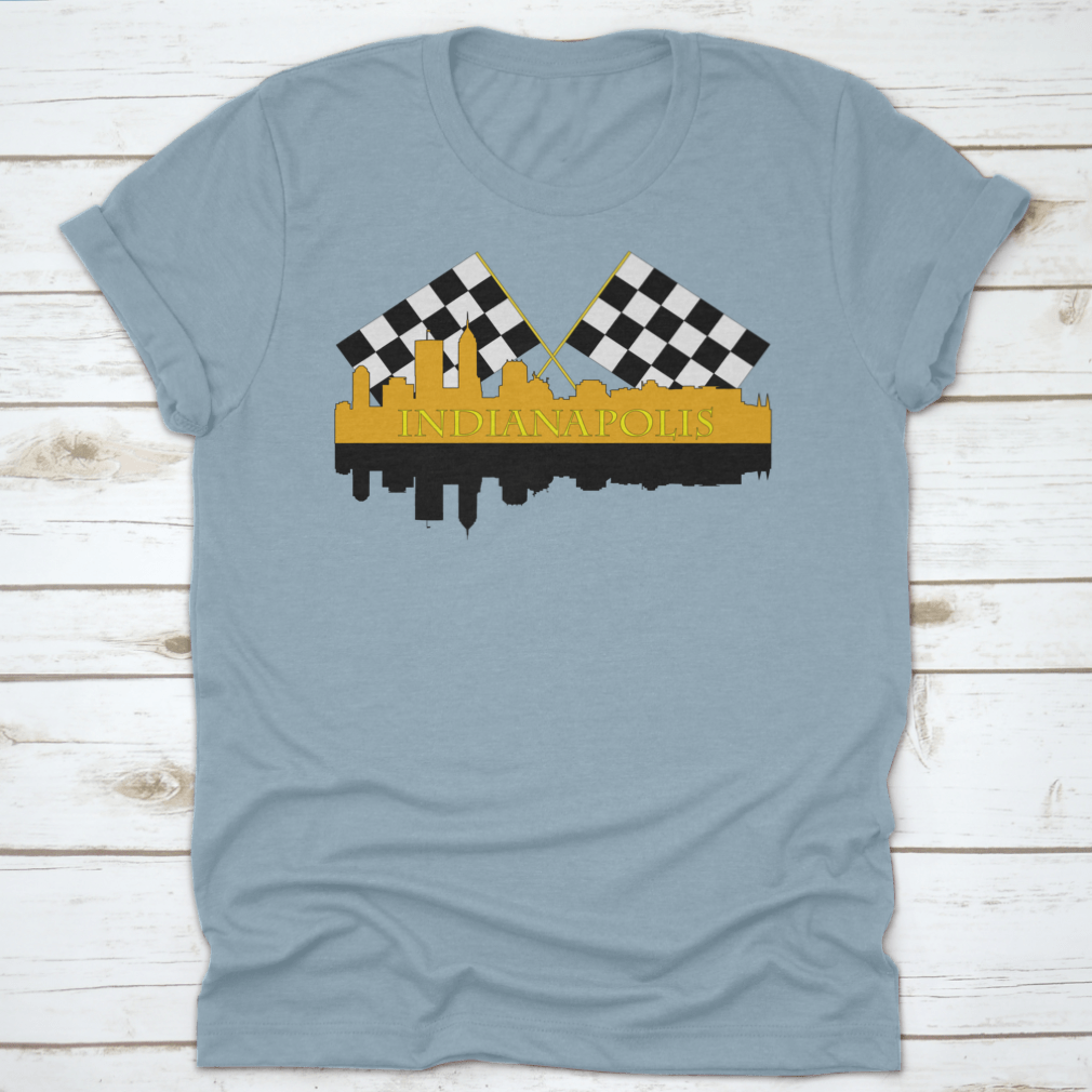 A stylish t-shirt featuring the Indianapolis skyline with high-rise buildings and a racing finish, showcasing the city's vibrant architecture.