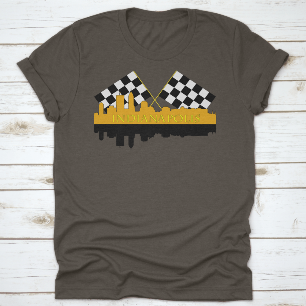A stylish t-shirt featuring the Indianapolis skyline with high-rise buildings and a racing finish, showcasing the city's vibrant architecture.