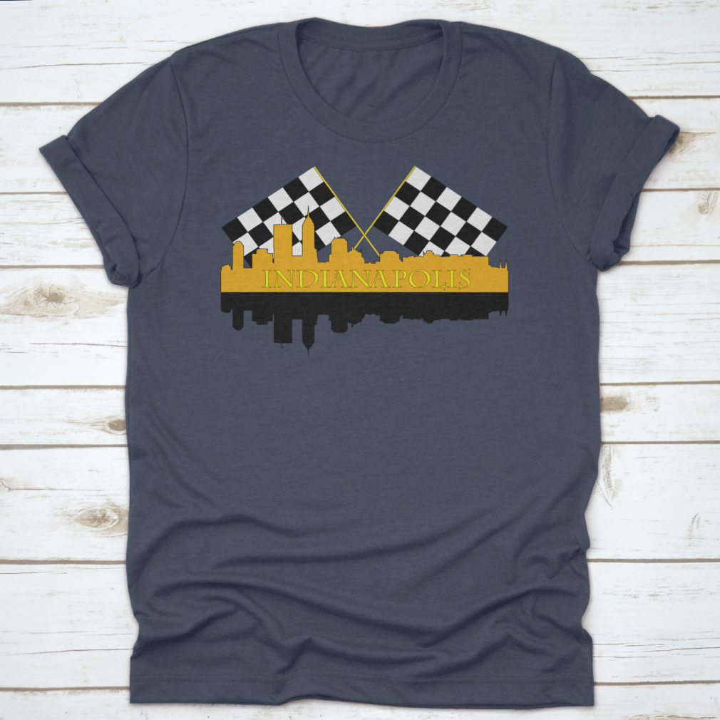 A stylish t-shirt featuring the Indianapolis skyline with high-rise buildings and a racing finish, showcasing the city's vibrant architecture.