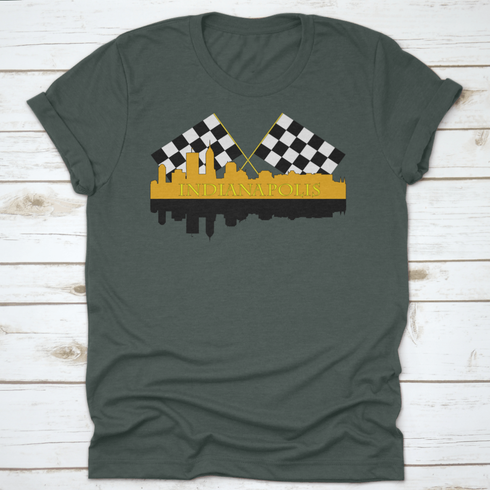 A stylish t-shirt featuring the Indianapolis skyline with high-rise buildings and a racing finish, showcasing the city's vibrant architecture.