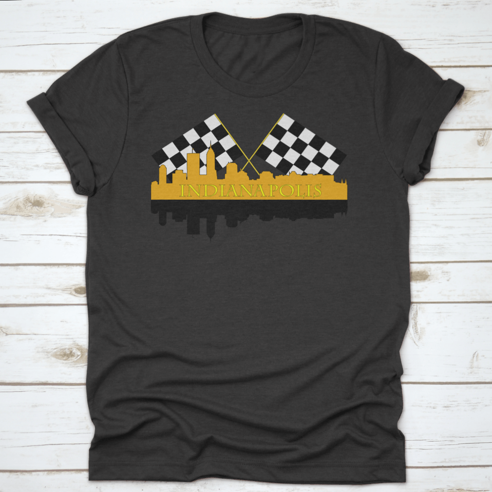 A stylish t-shirt featuring the Indianapolis skyline with high-rise buildings and a racing finish, showcasing the city's vibrant architecture.