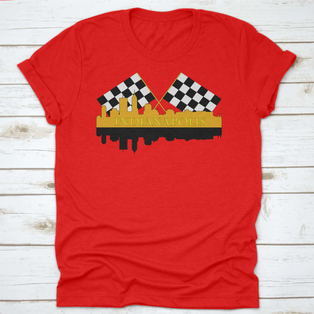 A stylish t-shirt featuring the Indianapolis skyline with high-rise buildings and a racing finish, showcasing the city's vibrant architecture.