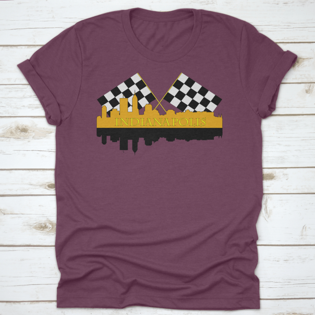 A stylish t-shirt featuring the Indianapolis skyline with high-rise buildings and a racing finish, showcasing the city's vibrant architecture.