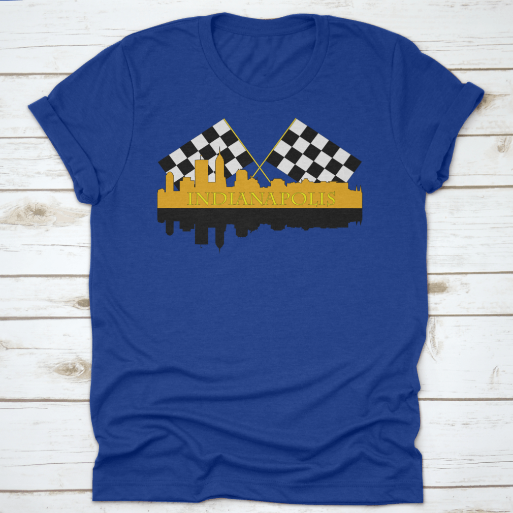 A stylish t-shirt featuring the Indianapolis skyline with high-rise buildings and a racing finish, showcasing the city's vibrant architecture.