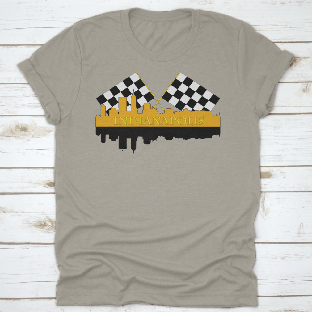 A stylish t-shirt featuring the Indianapolis skyline with high-rise buildings and a racing finish, showcasing the city's vibrant architecture.